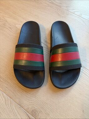 Gucci Black Slides with Green and Red Striped Strap
